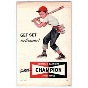 1952 Print Ad Champion Spark Plugs Baseball Boy Glove Bat Great Image!